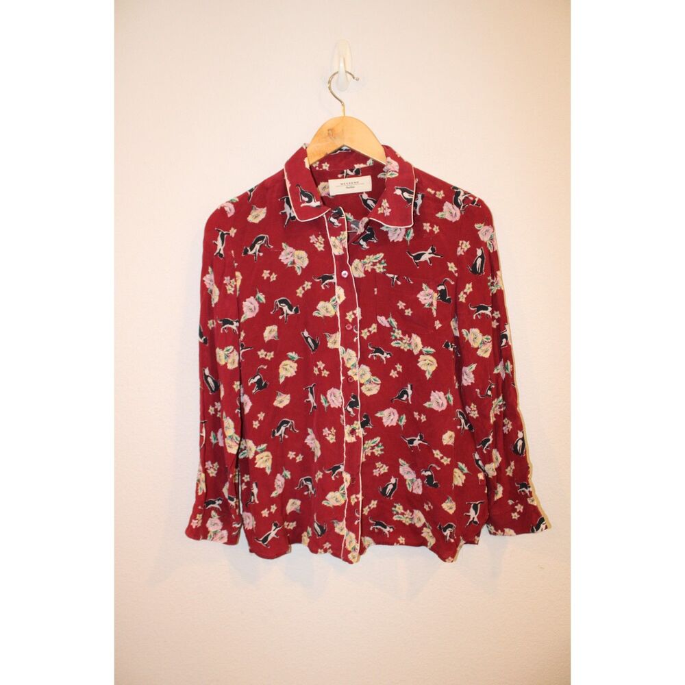 Weekend Max Mara maroon cat print silk long sleeve blouse size 6